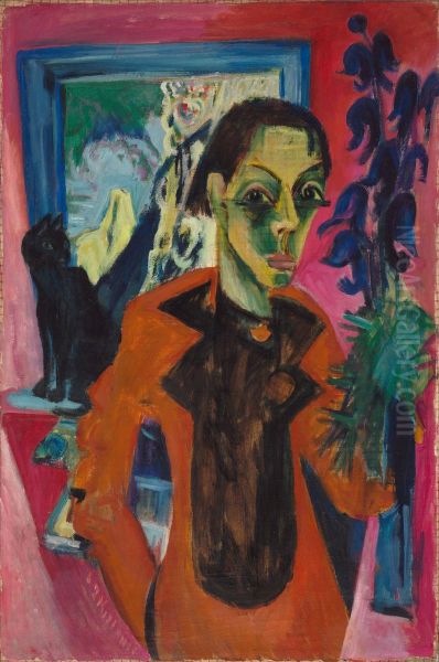 Self-Portrait with Cat Oil Painting by Ernst Ludwig Kirchner