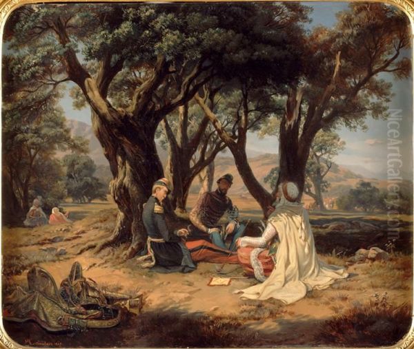 Le duc d'Aumale assis au bois des Oliviers avec le commandant Durrieu et l'agha Chourar Oil Painting by Pierre-Antoine Labouchere