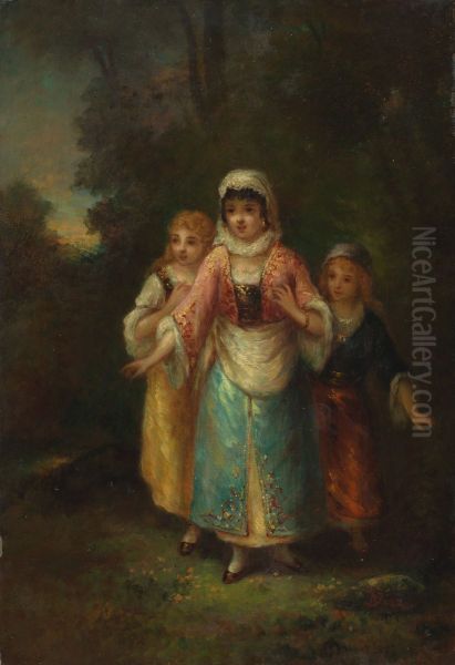 Three Girls in a Wood Oil Painting by Narcisse Virgilio Diaz