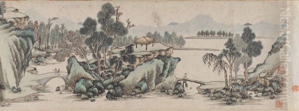 Landscape with Mountain Village Oil Painting by Wen Zhengming