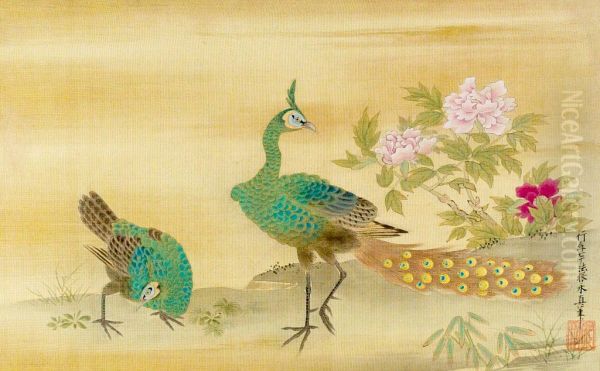 Peacocks and Peony Oil Painting by Kano Yasunobu