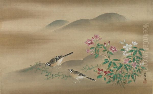 Two Java Sparrows Amid White and Pink Bell Flowers Oil Painting by Kano Tanshin