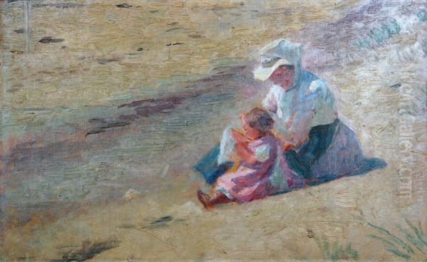 Bedstemor og Birthe pa Skagen Strand Oil Painting by Laurits Tuxen