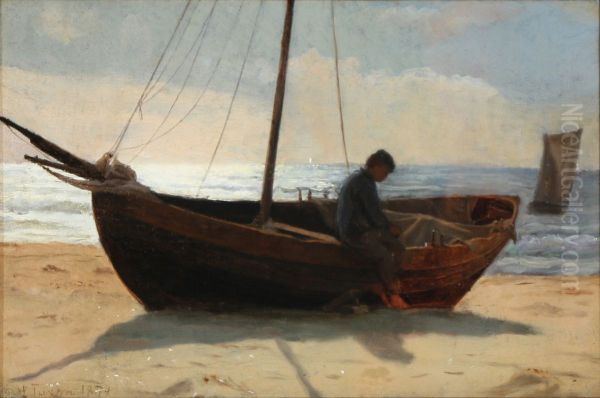 Fisher boy in a boat on the beach. Sketch. Oil Painting by Laurits Tuxen