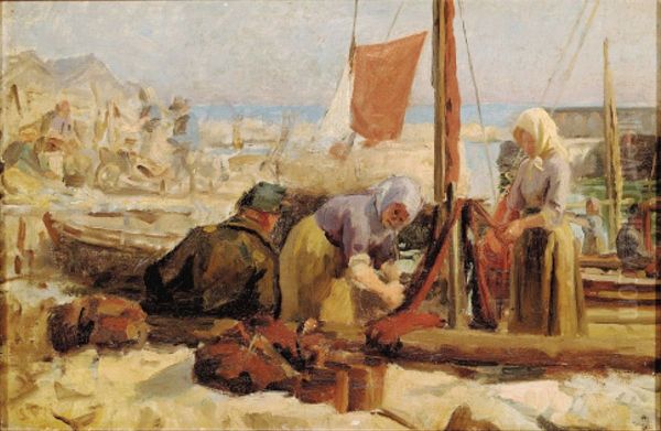 Fransk kystparti med fiskerkoner, der ordner garn. Oil Painting by Laurits Tuxen