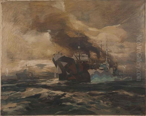 Bateaux camoufles en mer Oil Painting by Eugene Louis Gillot