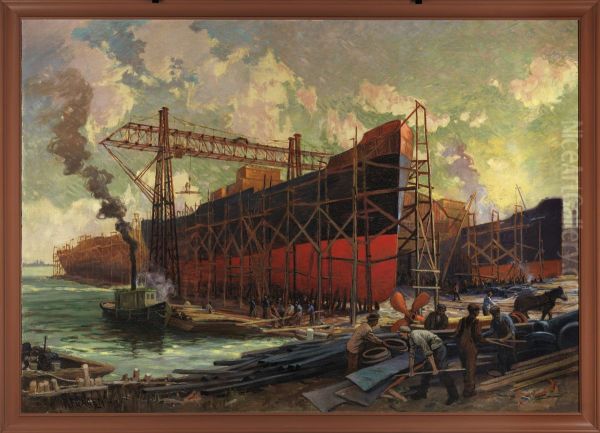 Shipbuilding in Ashbridges Bay, Toronto Oil Painting by Robert Ford Gagen