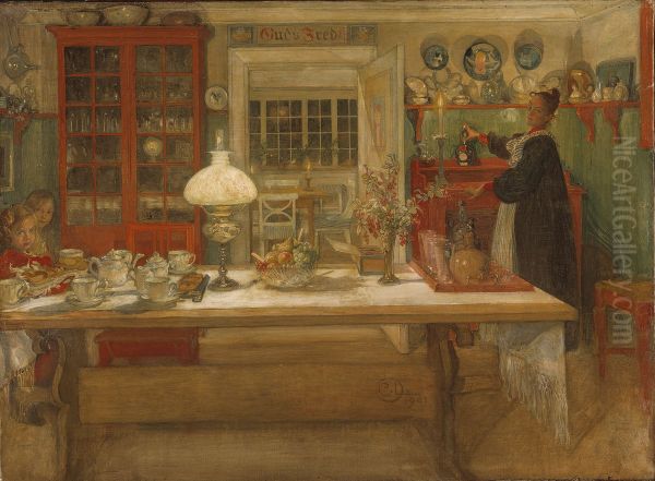 Getting Ready for a Game Oil Painting by Carl Larsson