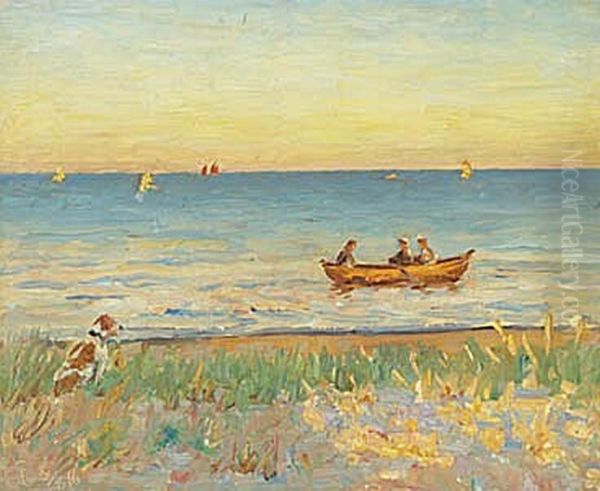 Skagen Sonderstrand med tre mand i robad, i strandkanten hund. Oil Painting by Laurits Tuxen