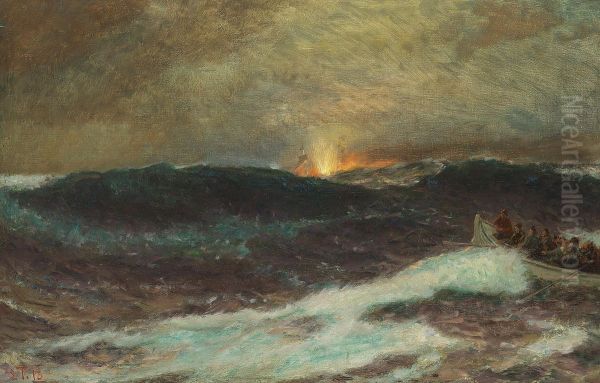 A ship torpedoed in the Atlantic. Oil Painting by Laurits Tuxen