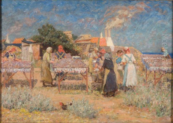 Sun drying herrings Oil Painting by Laurits Tuxen