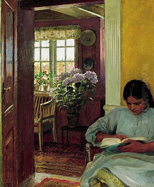 Yvonne Tuxen reading in Villa Dagminne. Oil Painting by Laurits Tuxen