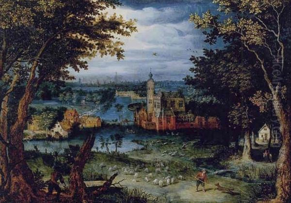 Wooded landscape with a floral garden and a castle Oil Painting by Balthasar Lauwers