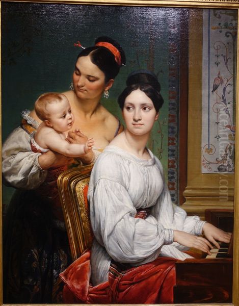 Portrait of the Marchesa Cunegonda Misciattelli with Her Infant Son and His Nurse Oil Painting by Horace Vernet