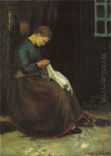 Ung pige beskaeftiget med sit sytoj i doren til et hus Oil Painting by Anna Ancher