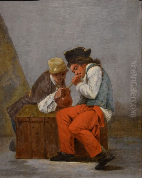 Deux jeunes soldats buvant a la cruche Oil Painting by Jacques Gamelin