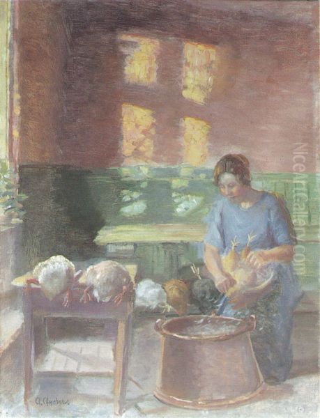 The hens are plucked Oil Painting by Anna Ancher