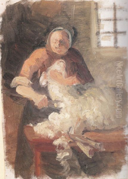 Kvinde klipper far Oil Painting by Anna Ancher