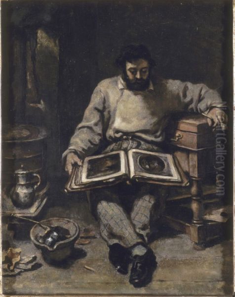 Marc Trapadoux examinant un livre d'estampes Oil Painting by Gustave Courbet