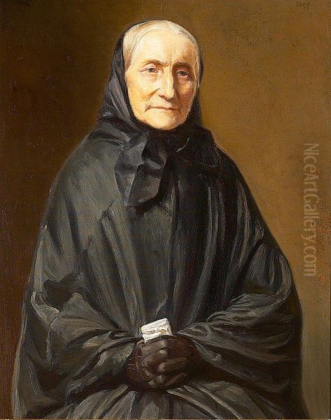 Portrait of Ane Hedvig Brondum in s black dress, sitting with folded hands. Oil Painting by Michael Peter Ancher