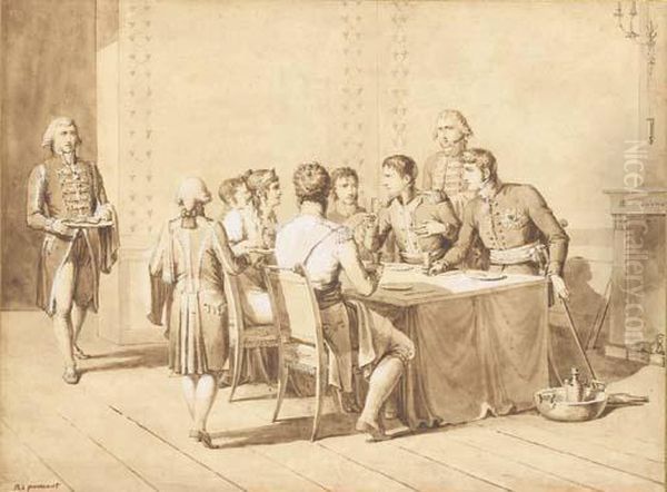 Emperor Napoleon I At Tilsit On 6-9 July 1807 With Tsar Alexanderi, The Grand Duke Constantin, And Queen Louisa Of Prussia Oil Painting by Pierre-Rene Cacault