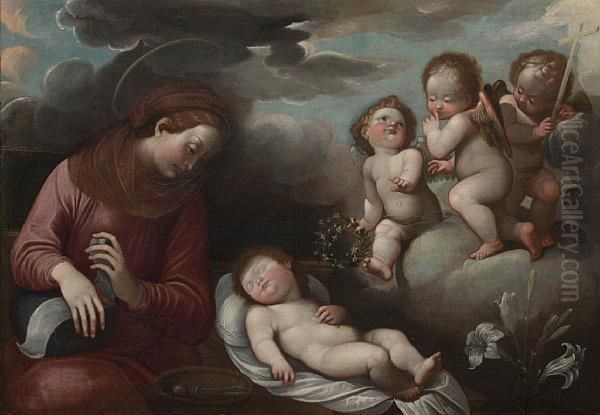 The Madonna And Child, With Angels Bearing Thesymbols Of The Passion Oil Painting by Guglielmo Caccia