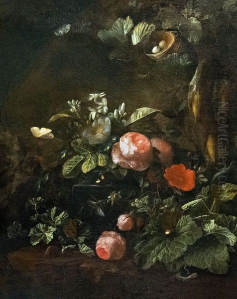 Roses, flowers, insects and snakes Oil Painting by Elias van den Broeck