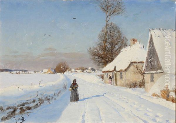 A Winter day in a village, showing persons near thatched houses. Oil Painting by H. A. Brendekilde