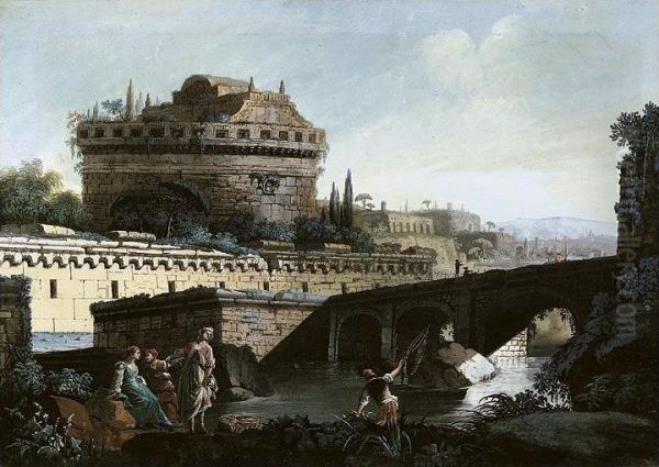 A Fantasy View With Castel Sant'angelo And Figures Oil Painting by Carlo Caccianiga