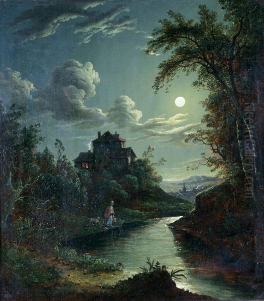 A Landscape and River Scene Oil Painting by Abraham Pether