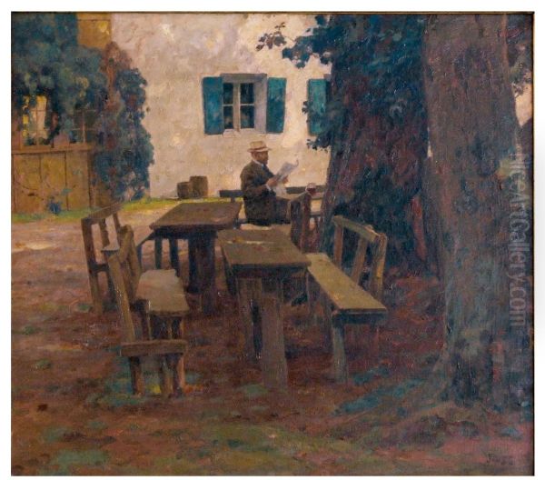 Selbstportrat - In Dachauer Biergarten Oil Painting by Georg Jauss