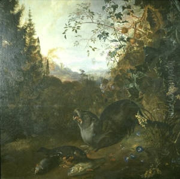 Otter in a Landscape Oil Painting by Matthias Withoos