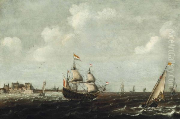 A dutch threemaster and other shipping in choppy waters, a view of fort Rammekens off the coast of Vlissingen in the background Oil Painting by unknown