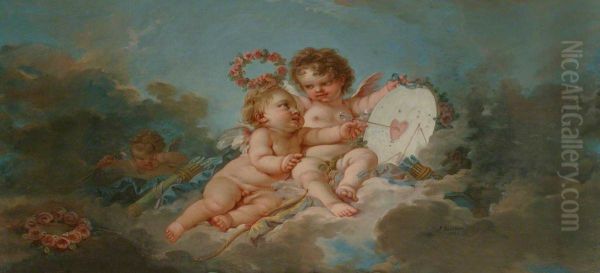 Two Putti Playing with a 'Heartboard' (detail) Oil Painting by Francois Boucher