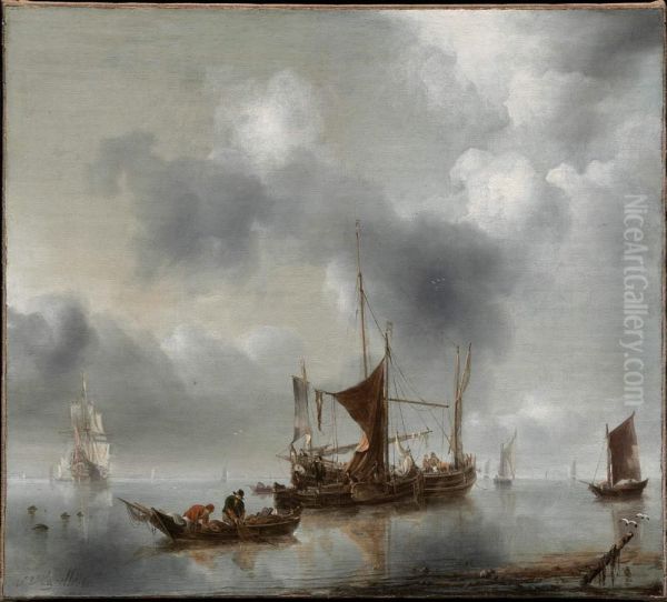 Seascape with a 'kaagschip', a 'smak', fishermen pulling in their nets and a Dutch frigate Oil Painting by Jan Van De Cappelle