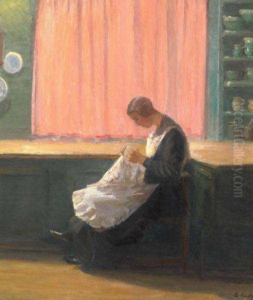 Efter endt dagsvaerk. Ung pige ved sytojet. Oil Painting by Anna Ancher