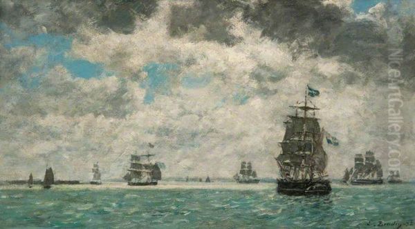 Schooners outside Antwerp Oil Painting by Eugene Louis Boudin