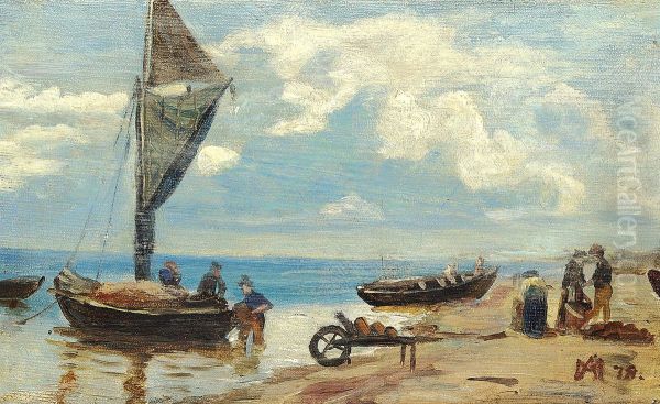 Coastal view of fishermen at their boats. Study. Oil Painting by Michael Peter Ancher