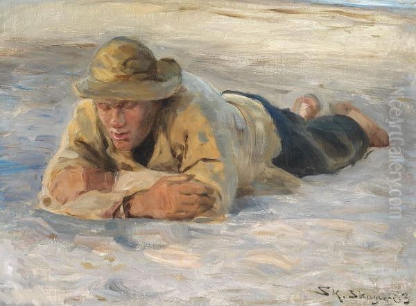 A fisherman resting in the sand with his chest against his arms. Study. Oil Painting by Peder Severin Kroyer