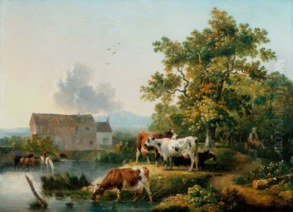 Landscape with Cattle Watering in a Mill Stream Oil Painting by Philip James de Loutherbourg