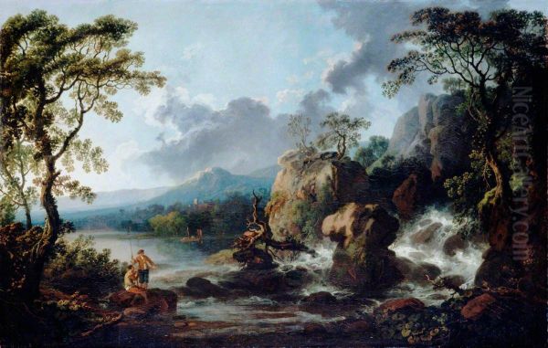 Landscape, Fishermen by a Waterfall Oil Painting by Philip James de Loutherbourg