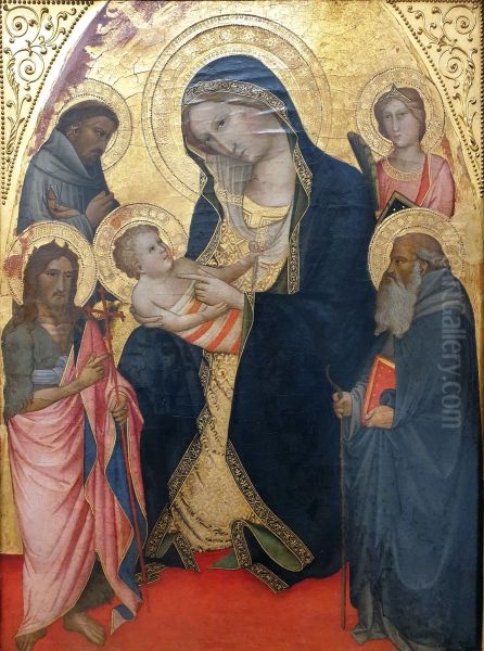 Madonna with the child, St. John the Baptist, St. Francis and St. Anthony and a martyr Oil Painting by Agnolo Gaddi