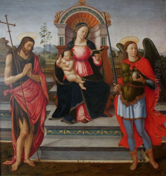 Thronende Maria mit dem segnenden Kind, Johannes dem Taufer und dem Erzengel Michael Oil Painting by Francesco Granacci