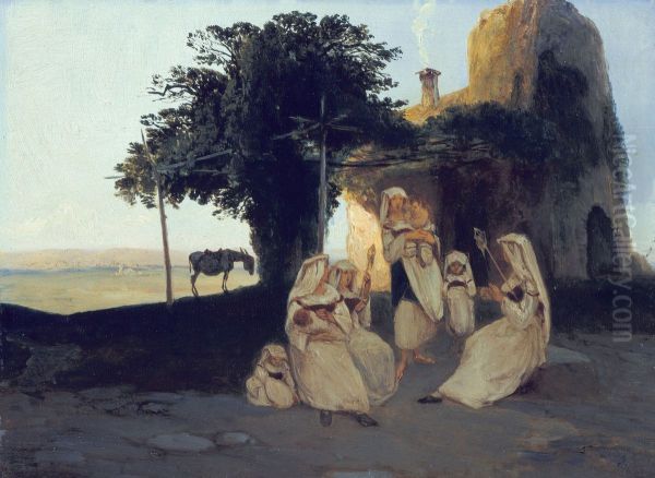 Spinning women in Cervara Oil Painting by Carl Blechen