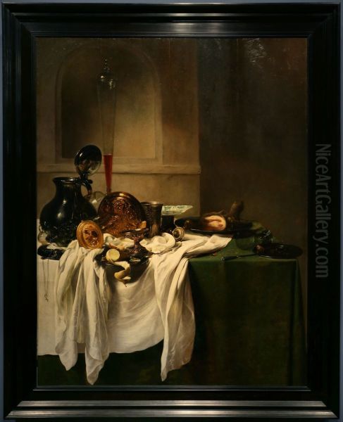 Stilleben mit Zinnpfanne und Stangenglas in einer Mauernische Oil Painting by Jan Jansz Den Uyl