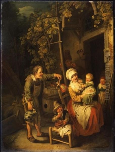 Bauernfamilie vor ihrem Haus Oil Painting by Christian Wilhelm Ernst Dietrich