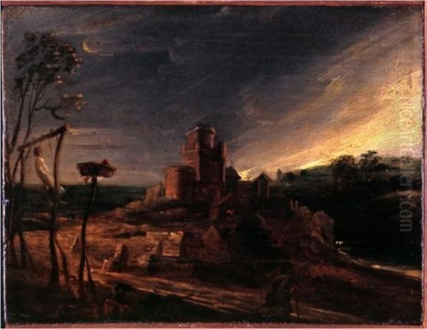 Landscape with a hanged man on a gallows Oil Painting by Peter Paul Rubens