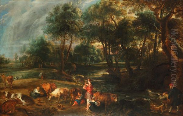 A Landscape with Cows and Duck Hunters Oil Painting by Peter Paul Rubens