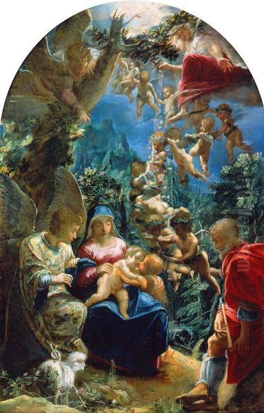 The Holy Family with the infant John the Baptist and angels Oil Painting by Adam Elsheimer