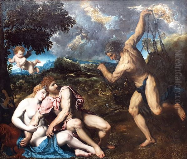 Mars and Venus, surprised by Vulcan Oil Painting by Paris Bordone